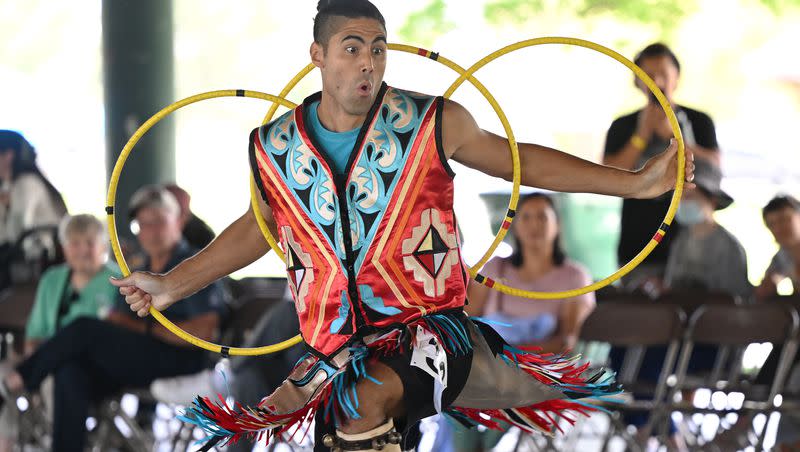 Hoop Dancer Eric Hernandez dances at Utah Native Market Days at Thanksgiving Point in Lehi on Friday, Aug. 11, 2023. All proceeds are going to native student scholarships. There was hoop dancing, food and crafts.