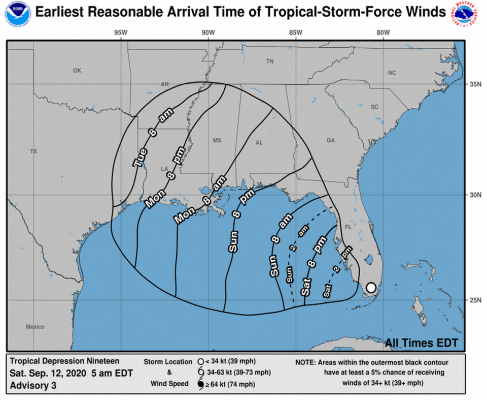 Projected arrival times of tropical storm-force winds from Tropical Depression 19, which is forecast to become Tropical Storm Sally on Sept. 12, 2020.