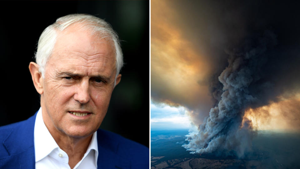 Malcolm Turnbull (left) and an image of smoke rising from the Victorian bushfires.