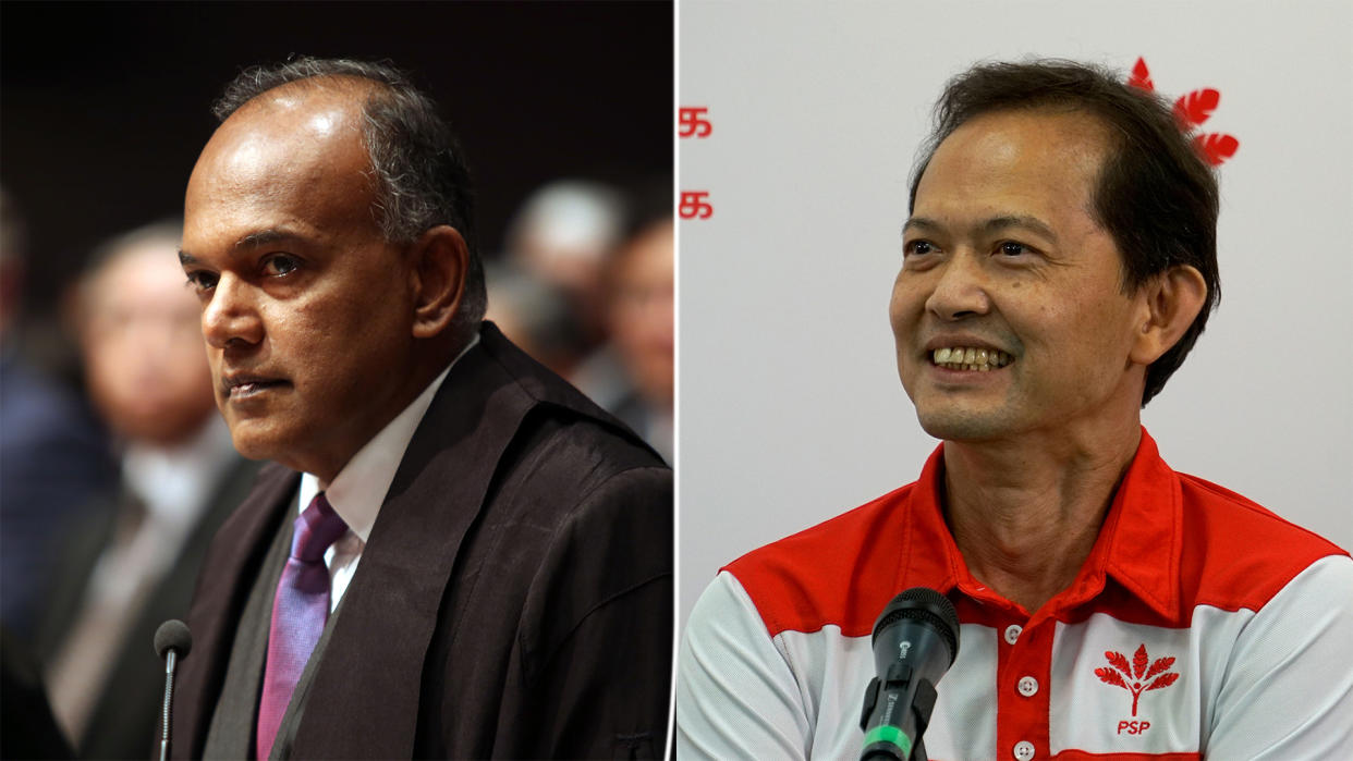 Law and Home Affairs Minister K Shanmugam (left) has challenged the PSP's Leong Mun Wai (right) to debate CECA in Parliament. (Yahoo News Singapore file photos)