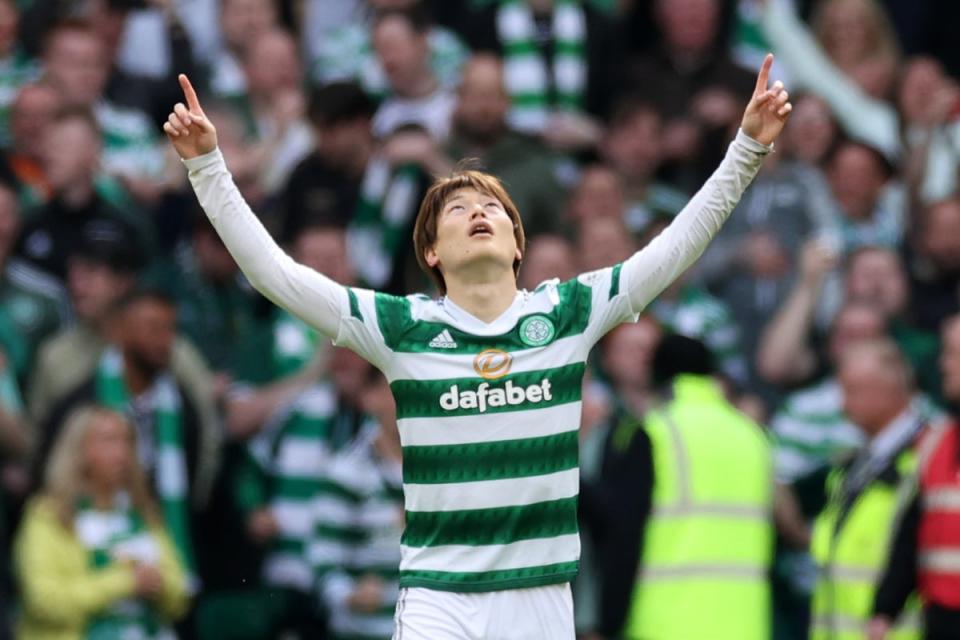 Kyogo Furuhashi took his tally for the season to 28 goals with another Old Firm derby brace (Getty Images)