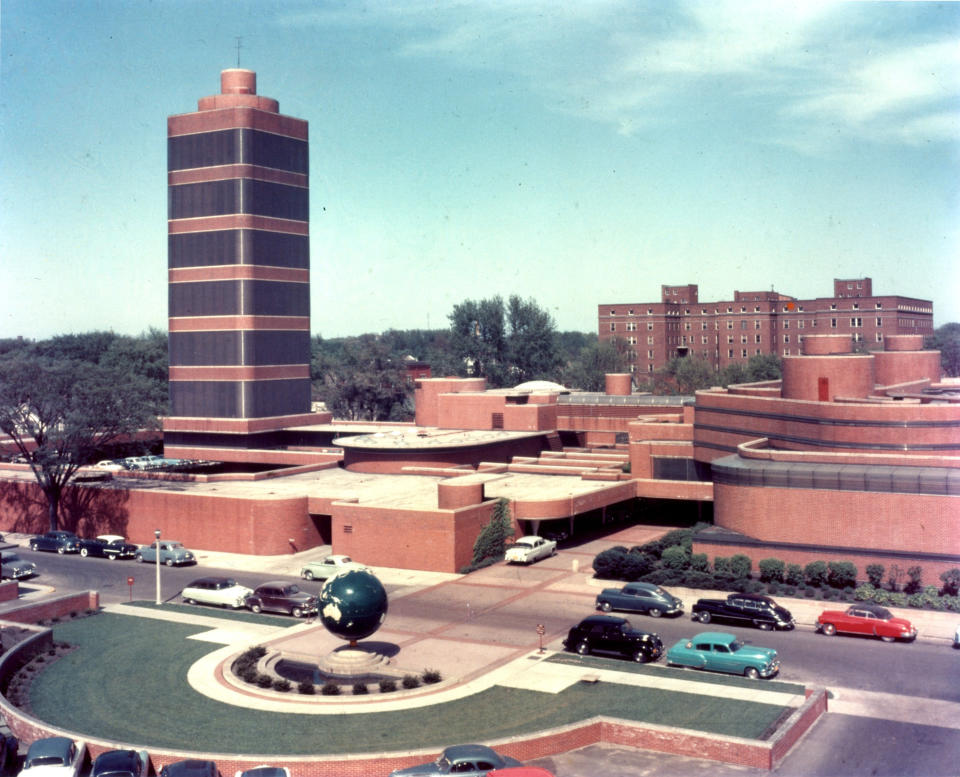 This photo taken around 1955 provides an aerial view of the SC Johnson Research Tower designed by Frank Lloyd Wright, in Racine, Wis. The home products company is opening the building for public tours for the first time starting May 2. (AP Photo/Courtesy SC Johnson)