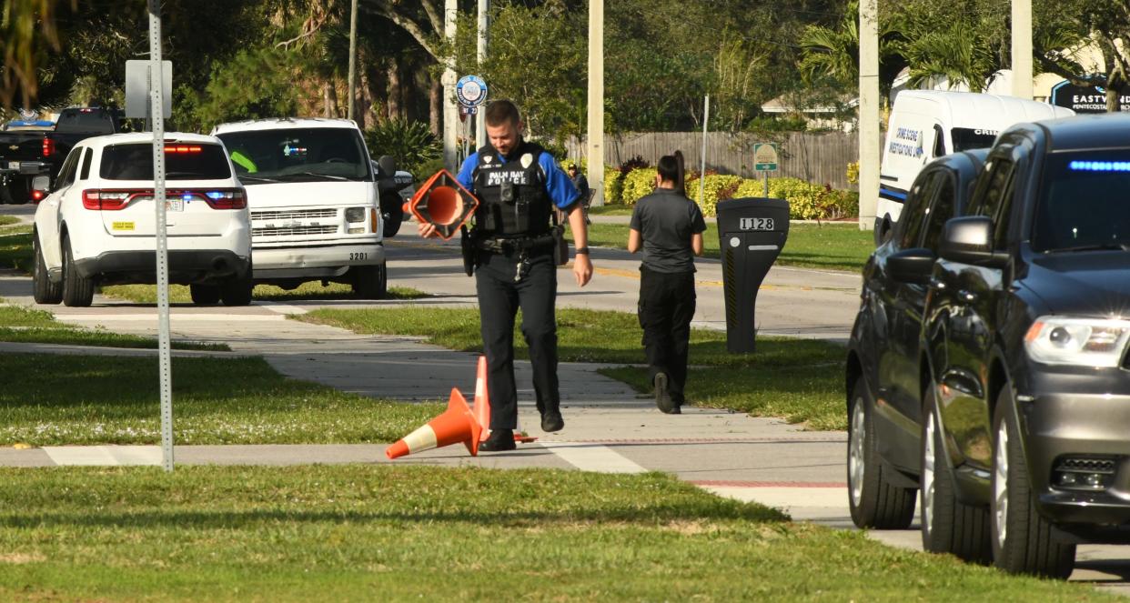 Sunday afternoon as multiple units from Palm Bay and other police agencies were along Emerson Drive and side streets where a shooting resulted in two deaths, and two PBPD officers being wounded. The suspected gunman who shot at law enforcement was killed.