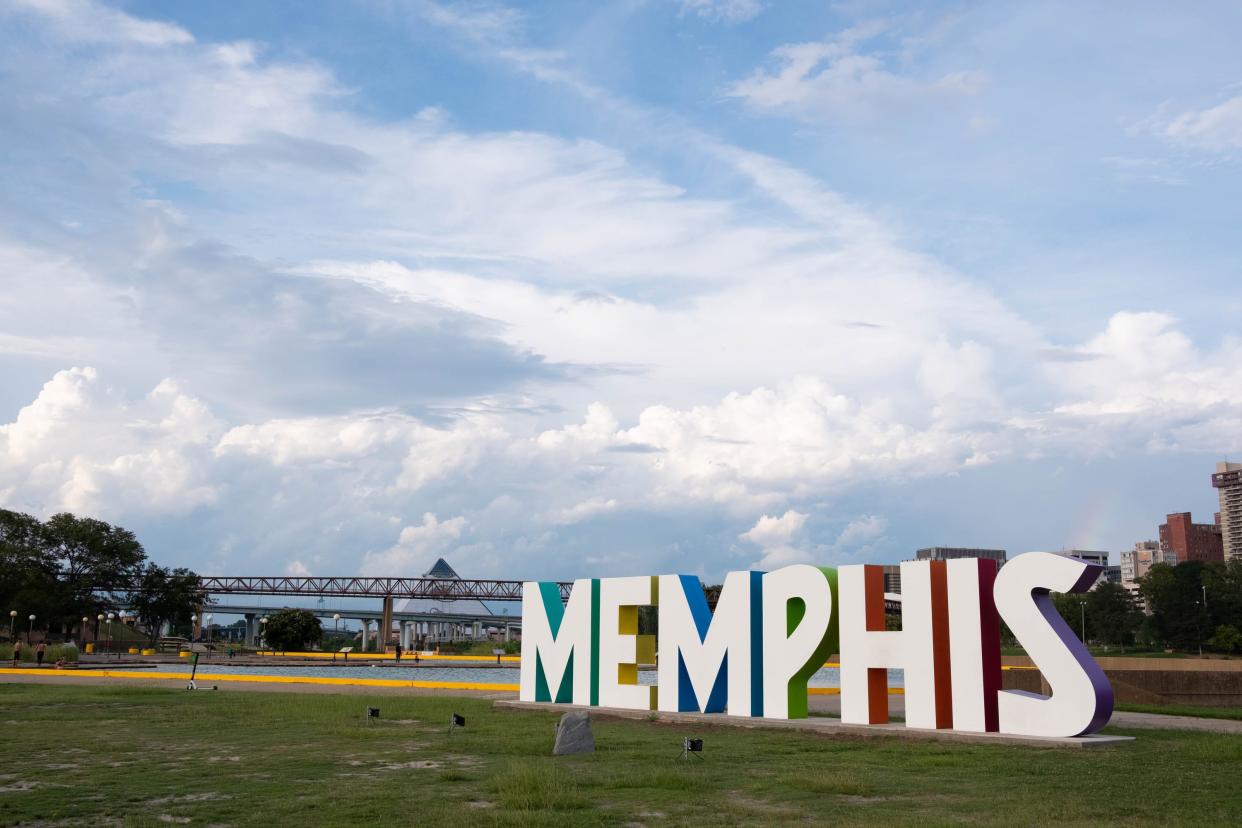 The Memphis sign on mud island, with the city's skyline featured in the background, Sunday evening, August 18, 2019.