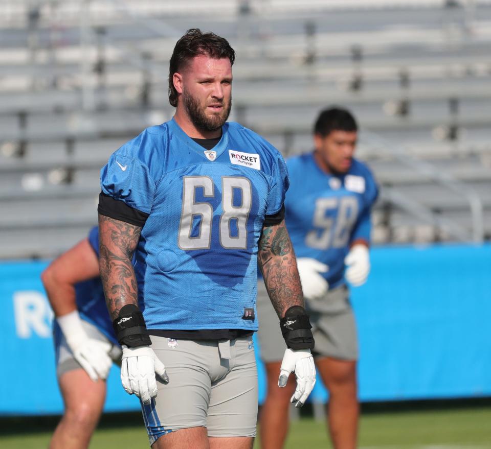 Lions lineman Taylor Decker goes through drills during training camp at the Allen Park facility on Wednesday, July 28, 2021.