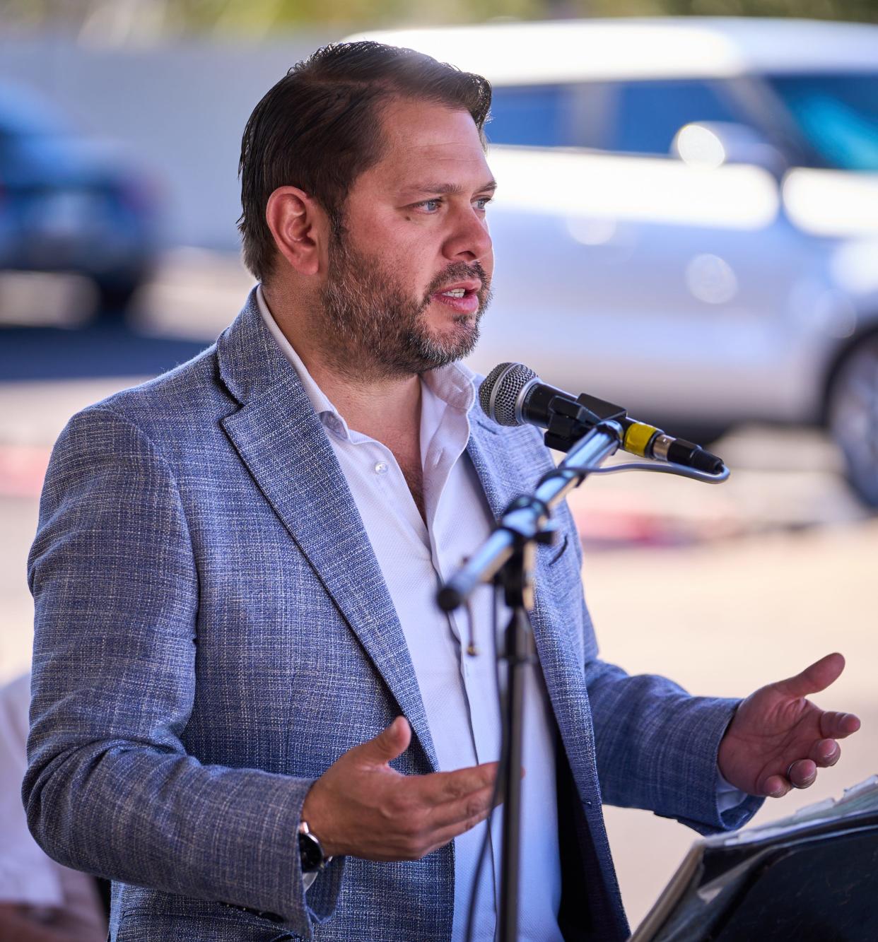 Rep. Ruben Gallego addresses the crowd at the Phoenix Vet Center's Veterans Day Celebration and Open House on Nov. 10, 2022.