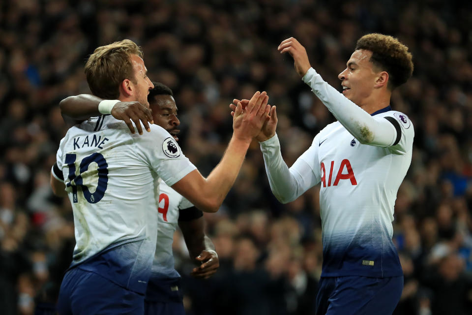 Tottenham Hotspur’s Harry Kane (left) celebrates his goal with Dele Alli during their 3-1 win over Chelsea in the English Premier League on 24 November, 2018. (PHOTO: Shaun Brooks/Action Plus via Getty Images)