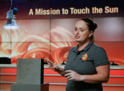 Betsy Congdon, Parker Solar Probe Thermal Protection System lead engineer at APL speaks during a preview briefing on the NASA's Parker Solar Probe at NASA's Kennedy Space Center in Florida, U.S., July 20, 2018. REUTERS/Mike Brown