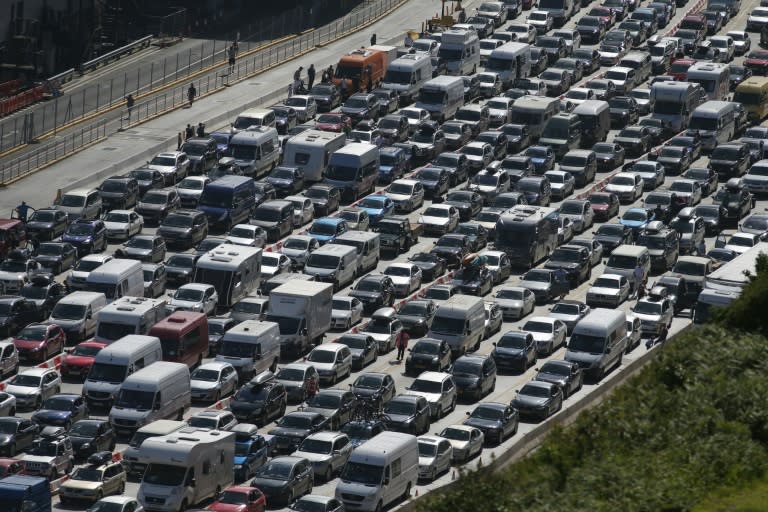 Lines of traffic queue to enter the port of Dover on the south coast of England on July 24, 2016