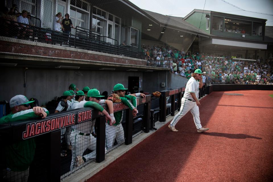 Holtville players are introduced during game 2 of the AHSAA class 5A baseball state championship series at Rudy Abbott Field in Jacksonville, Ala., on Thursday, May 19, 2022. Holtville defeated Russellville 3-2 to force a game 3.