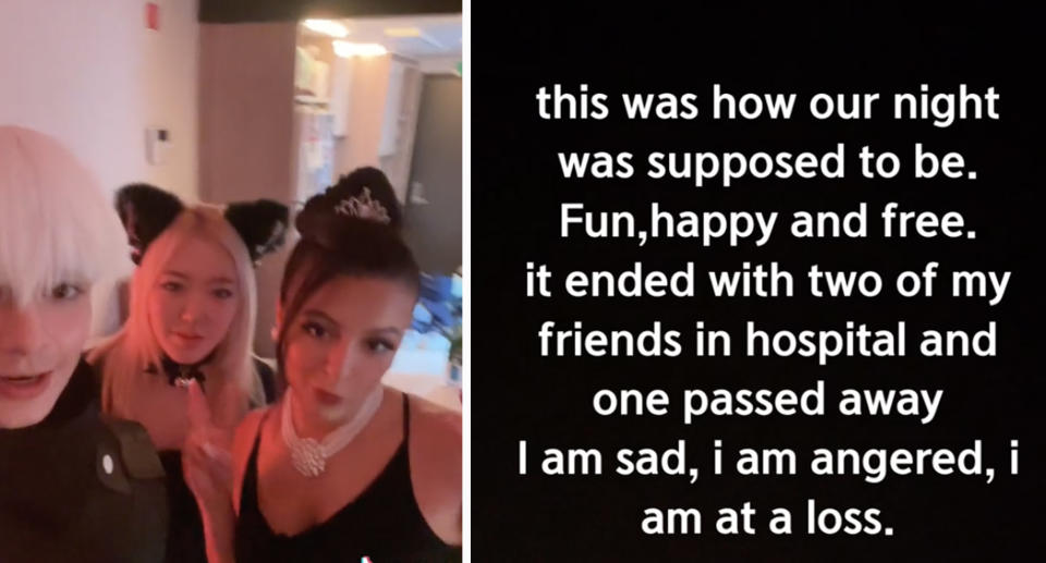 Nate Taeveniti and two of his friends dressed up for Halloween (left) and a message from his TikTok video (right).