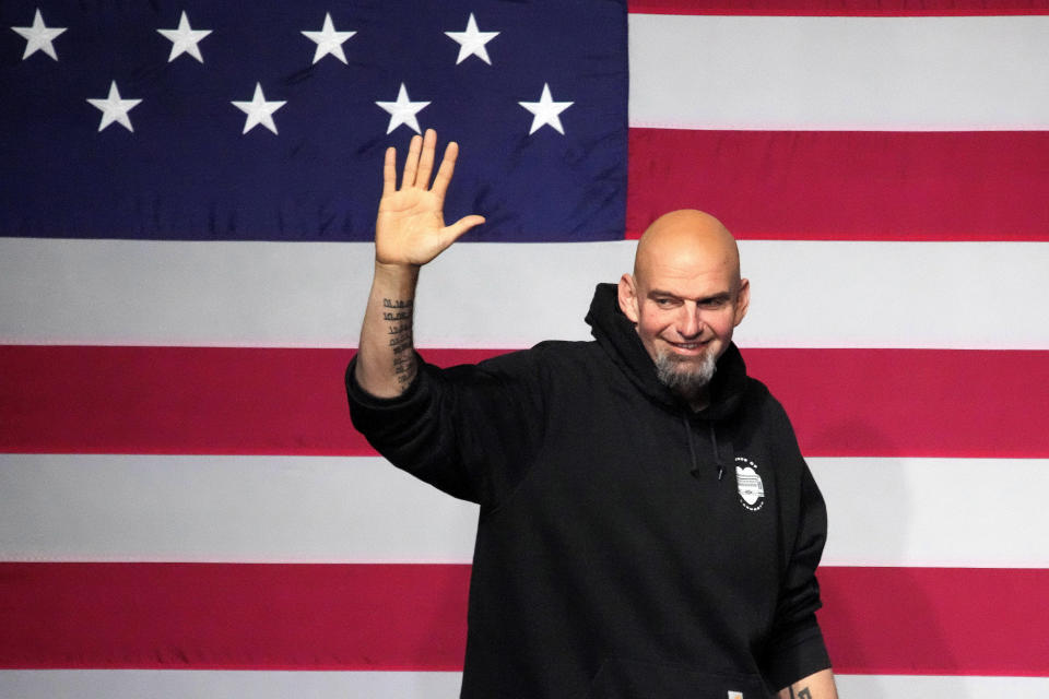 Pennsylvania Lt. Gov. John Fetterman takes the stage at an election night party in Pittsburgh, Wednesday, Nov. 9, 2022. When Fetterman goes to Washington in January, one of the Senate's new members will bring along an irreverent style from Pennsylvania that extends from his own personal dress code — super casual — to hanging marijuana flags outside his current office in Pennsylvania's state Capitol. (AP Photo/Gene J. Puskar, File)