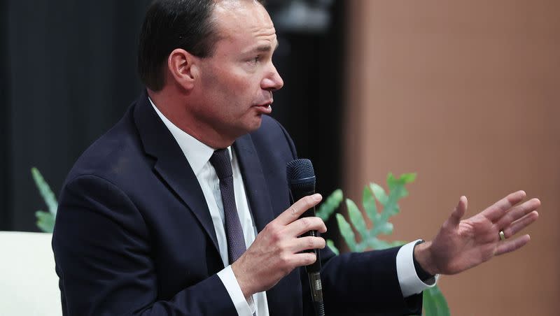 Sen. Mike Lee, R-Utah, speaks during a rally at the American Preparatory Academy in Draper on Thursday, Oct. 27, 2022.