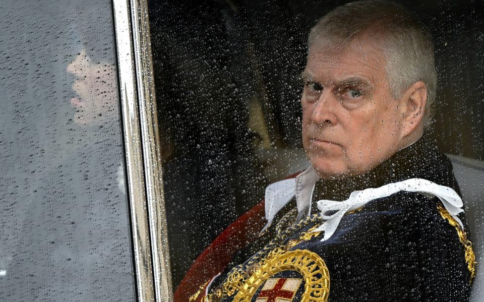 The King gave the Duke of York special permission to wear the dark blue velvet robe adorned with the badge of the Order of the Garter - Reuters