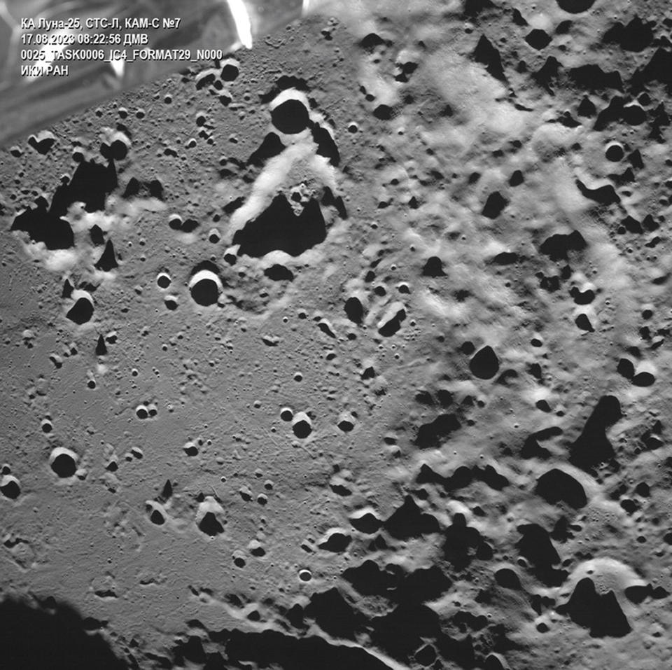 This photo released by the Roscosmos State Space Corporation on Thursday, Aug. 17, 2023, shows an image of the lunar south pole region on the far side of the moon captured by Russia's Luna-25 spacecraft before its failed attempt to land. Russia's Roscosmos state corporation said Sunday that the Luna-25 crashed into the moon after it spun into an uncontrolled orbit. The authorities have opened an inquiry into the possible cause. (Centre for Operation of Space Ground-Based Infrastructure-Roscosmos State Space Corporation via AP)