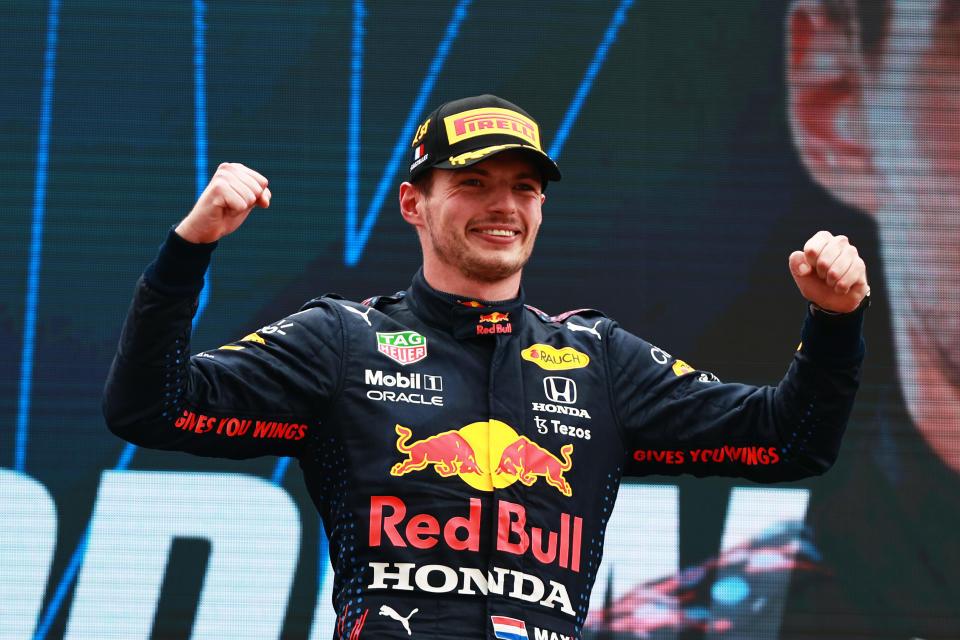 LE CASTELLET, FRANCE - JUNE 20: Race winner Max Verstappen of Netherlands and Red Bull Racing celebrates on the podium during the F1 Grand Prix of France at Circuit Paul Ricard on June 20, 2021 in Le Castellet, France. (Photo by Mark Thompson/Getty Images)