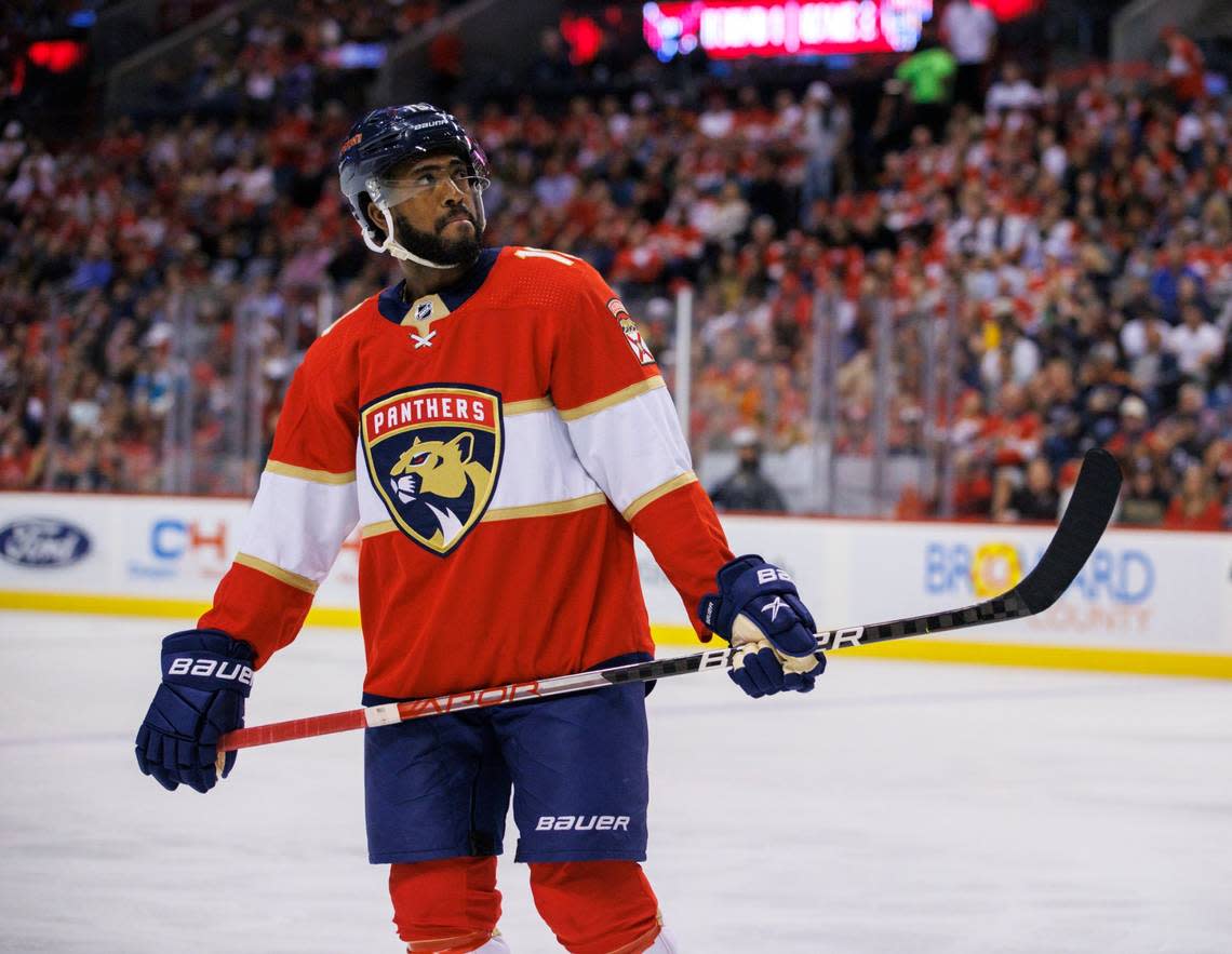 Florida Panthers left wing Anthony Duclair (10) looks on during the first period of Game 2 of a first round NHL Stanley Cup series against the Washington Capitals at FLA Live Arena on Thursday, May 5, 2022 in Sunrise, Fl.