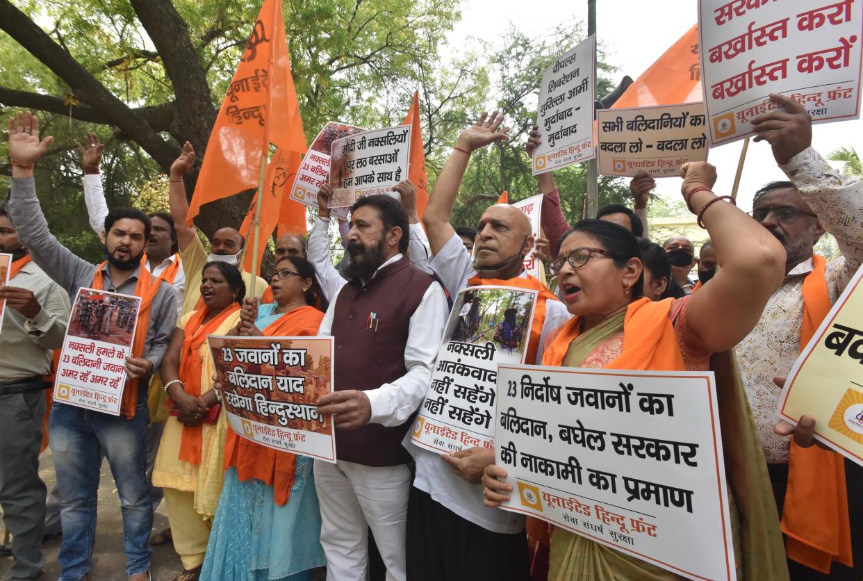 NEW DELHI, INDIA - APRIL 6: United Hindu Front activist protesting against Naxalites attack on CRPF in Chhattisgarh at jantar Mantar on April 6, 2021 in New Delhi, India. At least 21 security personnel were killed, 31 injured and one jawan was missing after the armed forces twice came under attack by Maoists using country-made grenades, rocket launchers and machine guns near Jonaguda village in Sukma district of Chhattisgarh on Saturday afternoon. (Photo by Sonu Mehta/Hindustan Times via Getty Images)