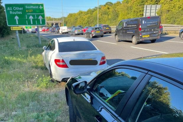 'Impatient' Mercedes driver undertaking cars in rush hour traffic is arrested. Photo: EPRoadsPolicing / Twitter