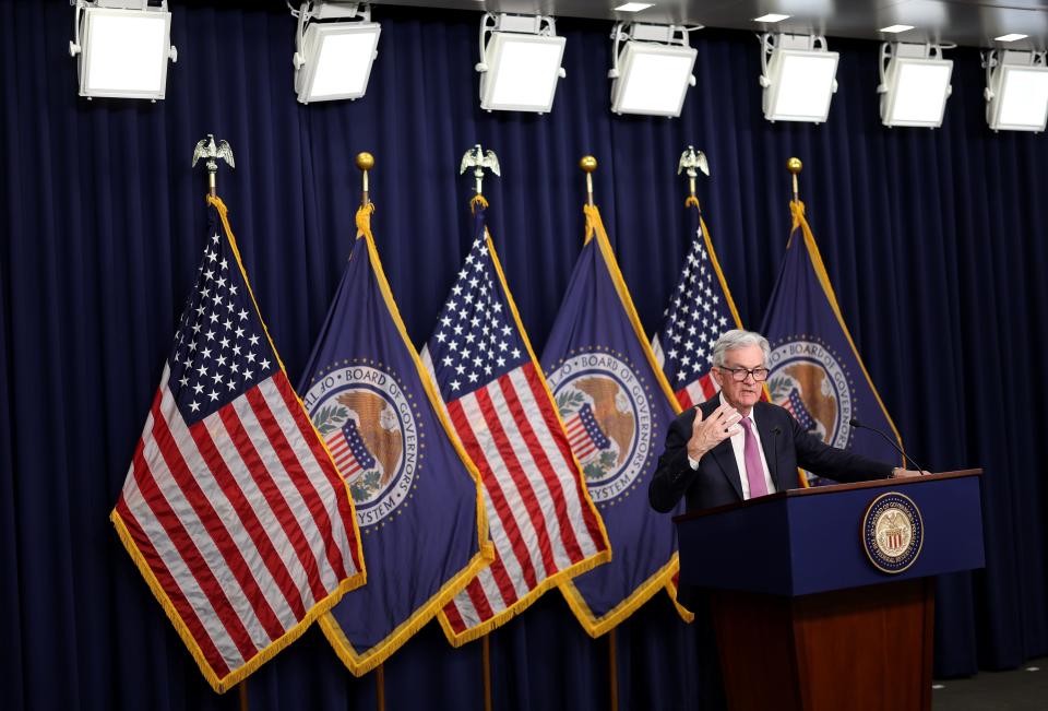 Federal Reserve Board Chairman Jerome Powell speaks during a news conference after a Federal Open Market Committee meeting on Feb. 1.