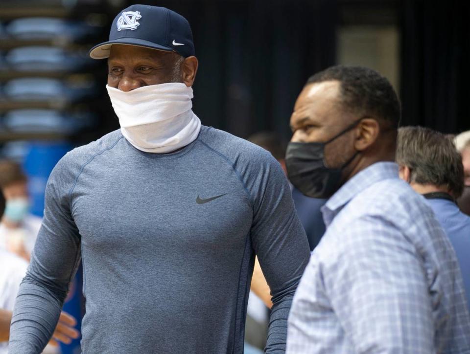 Former North Carolina player George Lynch arrives at the Smith Center for the introduction of Hubert Davis as the new head coach on Tuesday, April 6, 2021 at the Smith Center in Chapel Hill, N.C.