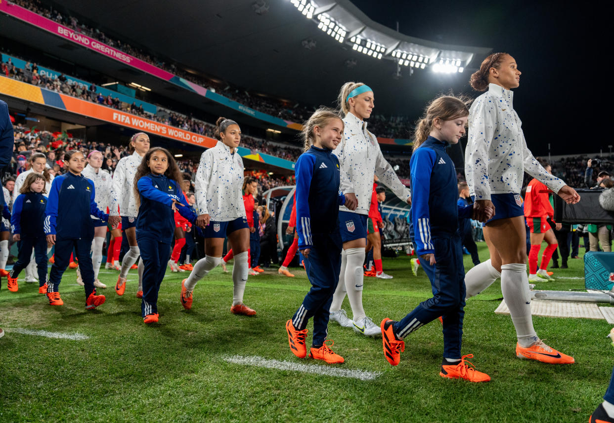AUCKLAND, NEW ZEALAND - AUGUST 1: Sophia Smith #11, Julie Ertz #8 and Lynn Williams #6 of the United States walk onto the fieldbefore a FIFA World Cup Group Stage game between Portugal and USA at Eden Park on August 1, 2023 in Auckland, New Zealand. (Photo by Brad Smith/USSF/Getty Images for USSF).