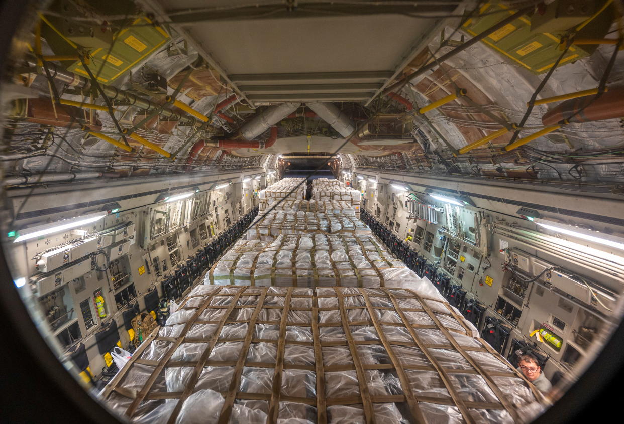 A U.S. Air Force C-17 Globemaster III carries pallets of Nestle infant formula bound for Indianapolis during Operation Fly Formula, at Ramstein Air Base, Germany, May 22, 2022.   U.S. Air Force/Staff Sgt. Jacob Wongwai/Handout via REUTERS THIS IMAGE HAS BEEN SUPPLIED BY A THIRD PARTY. IT IS DISTRIBUTED, EXACTLY AS RECEIVED BY REUTERS, AS A SERVICE TO CLIENTS