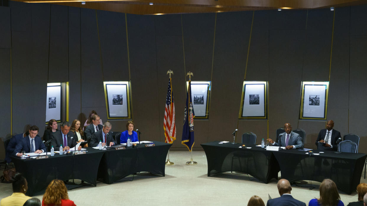 U.S. Sen. Raphael Warnock (D-GA) (2nd R) speaks during a U.S. Senate Rules Committee Georgia Field Hearing on the right to vote at the National Center for Civil and Human Rights on July 19, 2021 in Atlanta, Georgia. (Elijah Nouvelage/Getty Images)