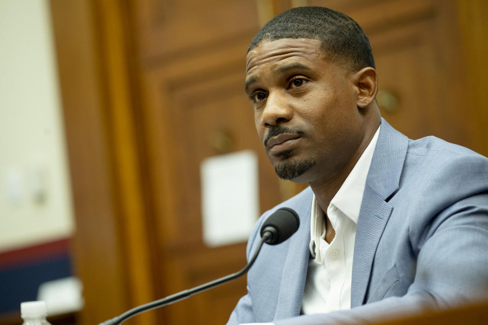 U.S. Navy veteran and Black Lives Matter protester Kishon McDonald, testifies Monday, June 29, 2020, on Capitol Hill in Washington, during the House Natural Resources Committee hearing on the police response in Lafayette Square. (Bonnie Cash/Pool via AP)