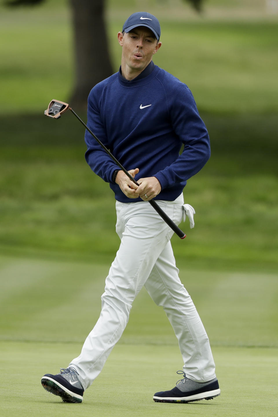 Rory McIlroy, of Northern Ireland, reacts after missing a putt on the second hole during the third round of the U.S. Open Championship golf tournament Saturday, June 15, 2019, in Pebble Beach, Calif. (AP Photo/Marcio Jose Sanchez)