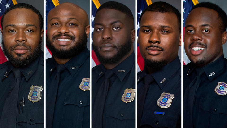 Retratos de los agentes señalados de asesinar a Tyre Nichols de izquierda a derecha: Demetrius Haley, Desmond Mills, Jr, Emmitt Martin III, Justin Smith y Tadarrius Bean.