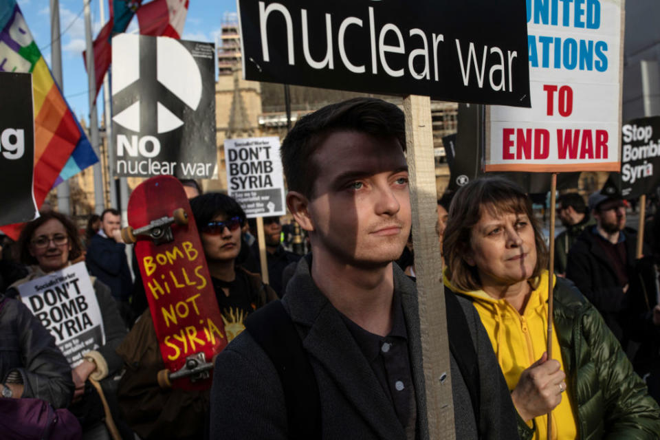 Stop The War Coalition protests outside the British parliament