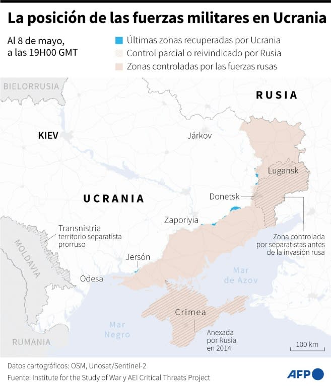 Mapa de Ucrania mostrando las áreas controladas por las fuerzas ucranianas y rusas, al 8 de mayo de 2024 a las 19H00 GMT (Cléa Peculier, Sophie Ramis, Valentin Rakovsky)
