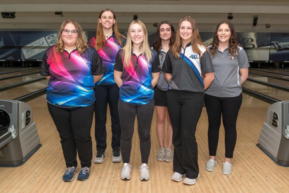 2023 All-City Girls Bowling Team. Front row (left to right) Katie Price, Seaman; Cheyenne Tuckin, Seaman;  Claire Ireland, Washburn Rural. Back row (left to right) Megan Wood, Seaman; JaeLina Thetford, Topeka West; Brenna Rutschmann, Topeka West.