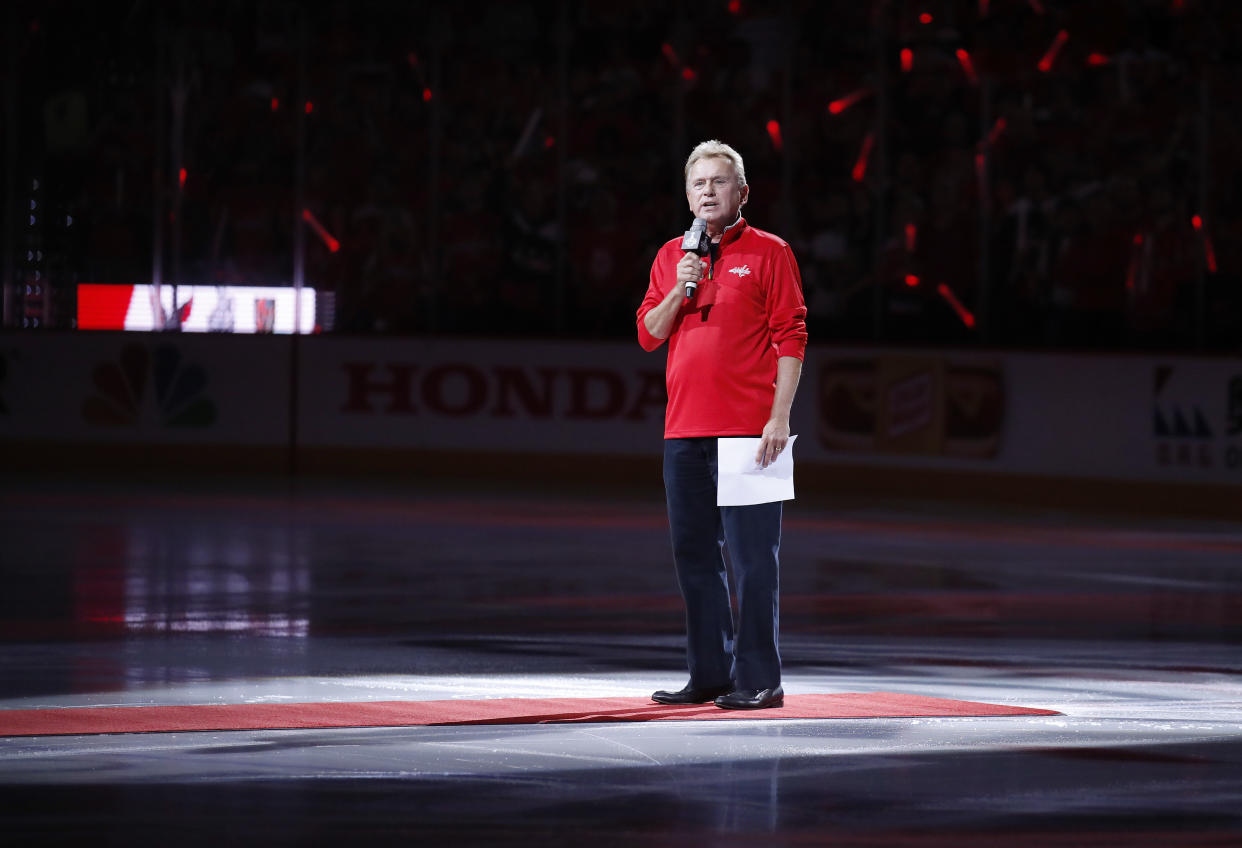 Entertainer Pat Sajak, a Washington Capitals season ticket holder, introduces the players for the Capitals and the Vegas Golden Knights before Game 3 of the NHL hockey Stanley Cup Final, Saturday, June 2, 2018, in Washington. (AP Photo/Alex Brandon)