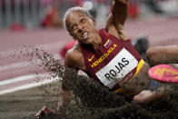 Yulimar Rojas, of Venezuela, competes in the final of the women's triple jump at the 2020 Summer Olympics, Sunday, Aug. 1, 2021, in Tokyo. (AP Photo/David J. Phillip)