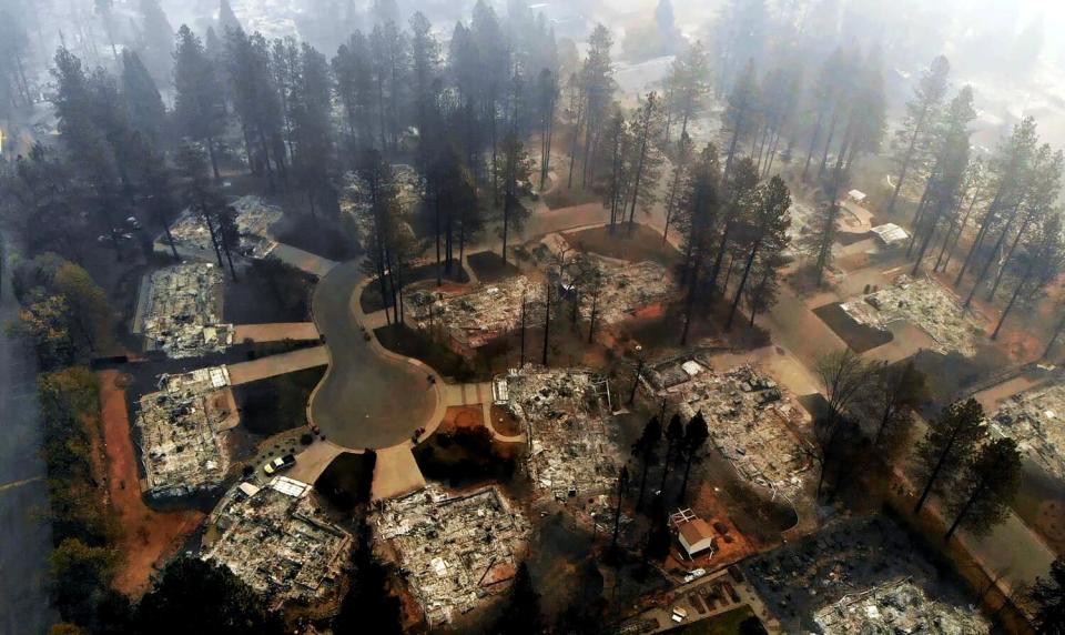 An aerial view of burned residential lots among trees.