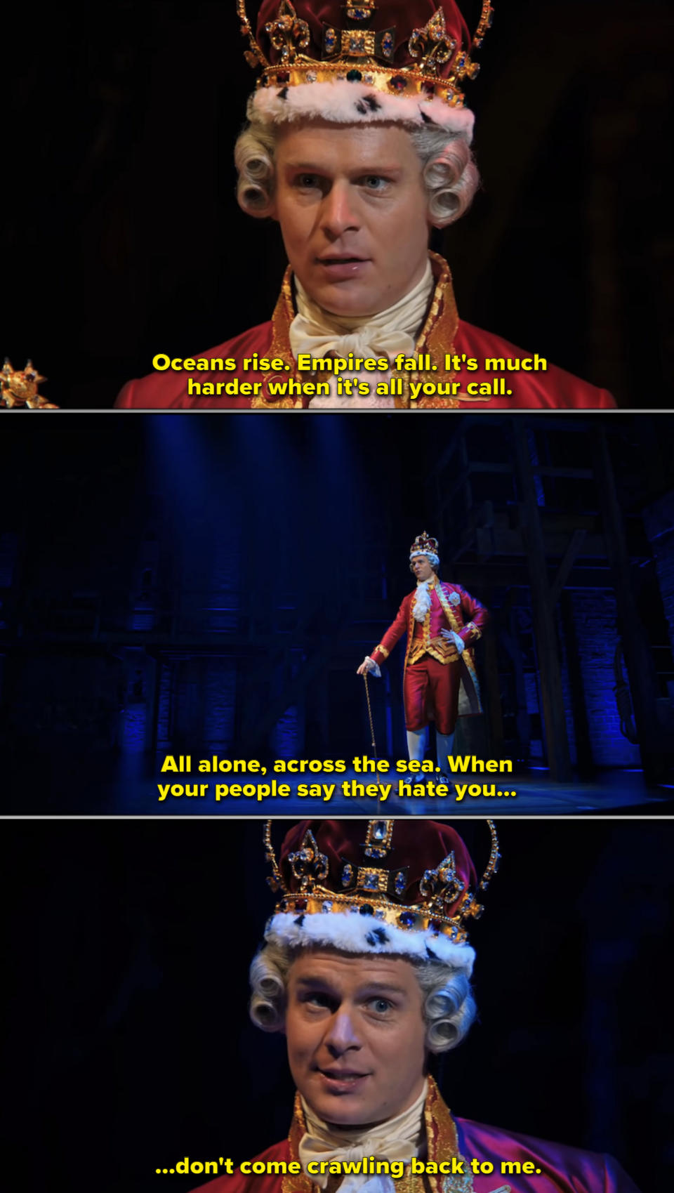 Jonathan Groff dressed as King George III on stage