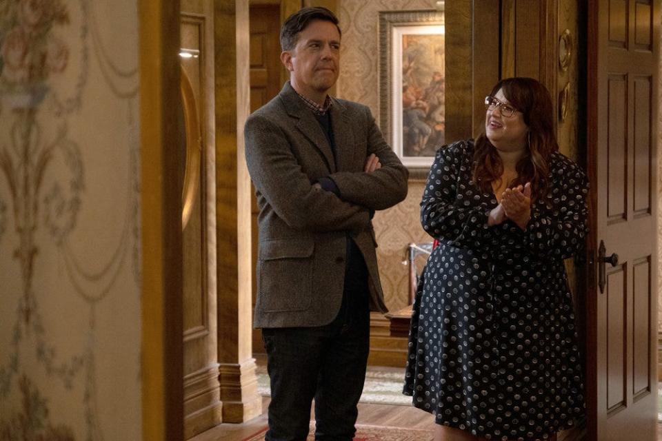 Ed Helms plays Nathan Rutherford and Jana Schmieding plays Reagan Wells in Peacock's "Rutherford Falls."