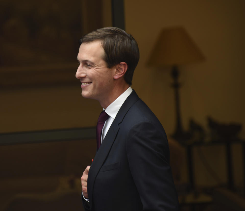 White House adviser Jared Kushner smiles after giving joint statements with Israeli Prime Minister Benjamin Netanyahu to the press about the Israeli-United Arab Emirates peace accords, in Jerusalem, Sunday, Aug. 30, 2020. Kushner is trumpeting the recent agreement by Israel and the United Arab Emirates to establish diplomatic relations as a historic breakthrough and said “the stage is set” for other Arab states to follow suit. (Debbie Hill/Pool Photo via AP)