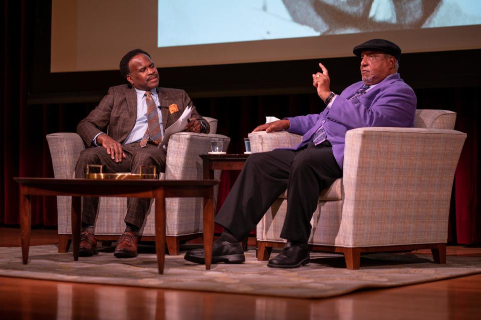 Rev. Dr. Bernard Lafayette Jr., right, speaks with Lelan A. Statom, left, during an event at the Nashville Public Library in Nashville, Tenn., Thursday, Feb. 9, 2023.