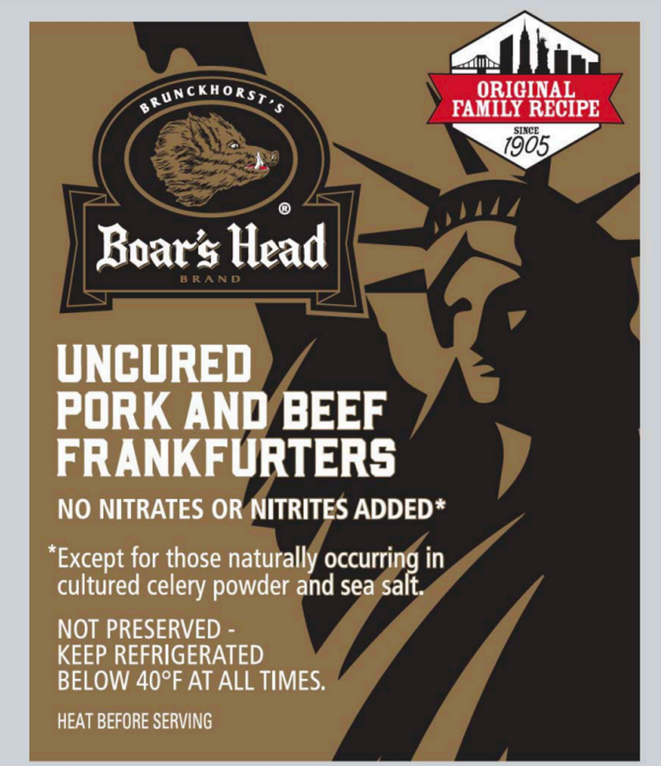 The label for recalled Boar’s Head Uncured Pork & Beef Frankfurters