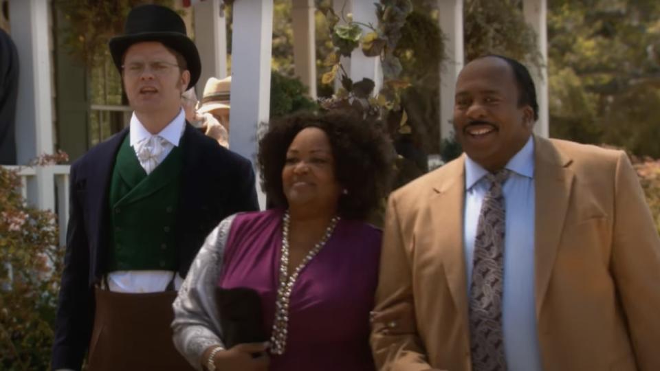 Dwight, Cynthia and Stanley at Schrute Farms in The Office