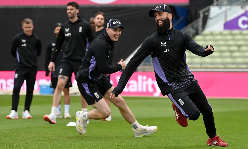 <span>Moeen Ali is chased by Harry Brook during a nets session at Edgbaston – the 36-year-old is full of energy and not considering retirement. </span><span>Photograph: Gareth Copley/Getty Images</span>