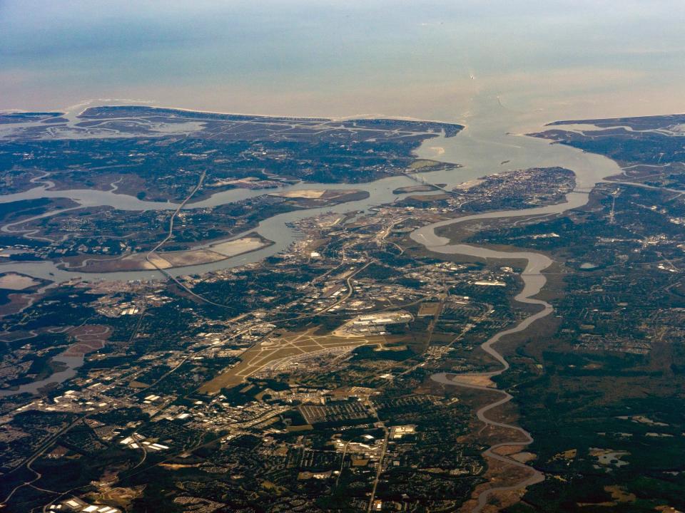 An aerial view of three estuaries on South Carolina’s coast.