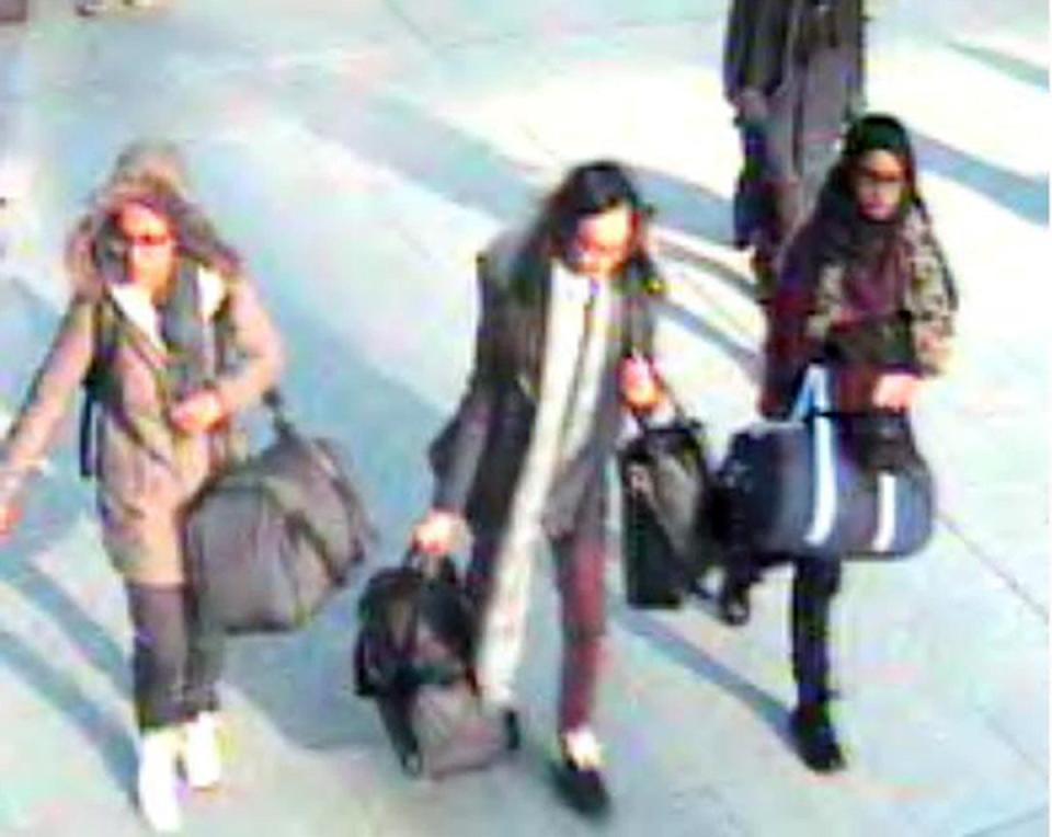 Image taken from CCTV issued by the Metropolitan Police of (left to right) 15-year-old Amira Abase, Kadiza Sultana,16, and Shamima Begum,15, at Gatwick airport, before they caught their flight to Turkey in 2015 (PA)