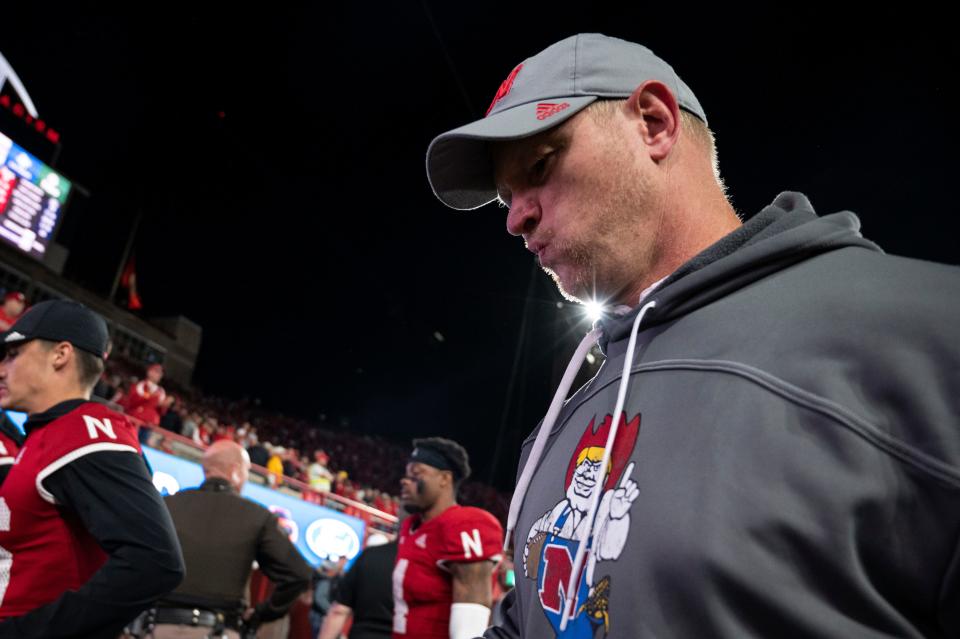 Nebraska coach Scott Frost walks off the field after the team's loss to Georgia Southern during an NCAA college football game Saturday, Sept. 10, 2022, in Lincoln, Neb. (Noah Riffe/Lincoln Journal Star via AP)