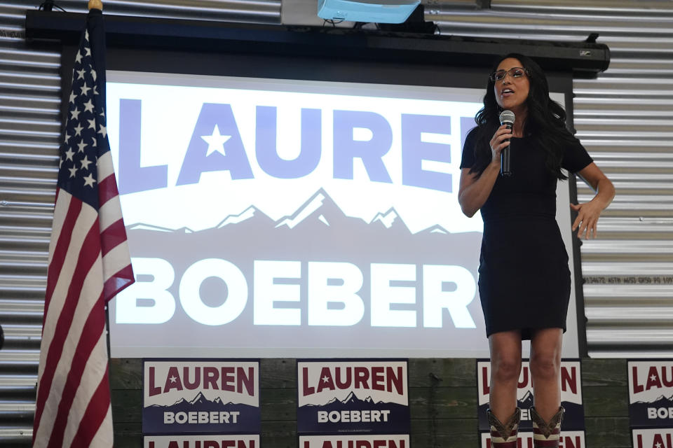 Rep. Lauren Boebert, R-Colo., speaks to supporters during a primary election watch party Tuesday, June 25, 2024, in Windsor, Colo. (AP Photo/David Zalubowski)