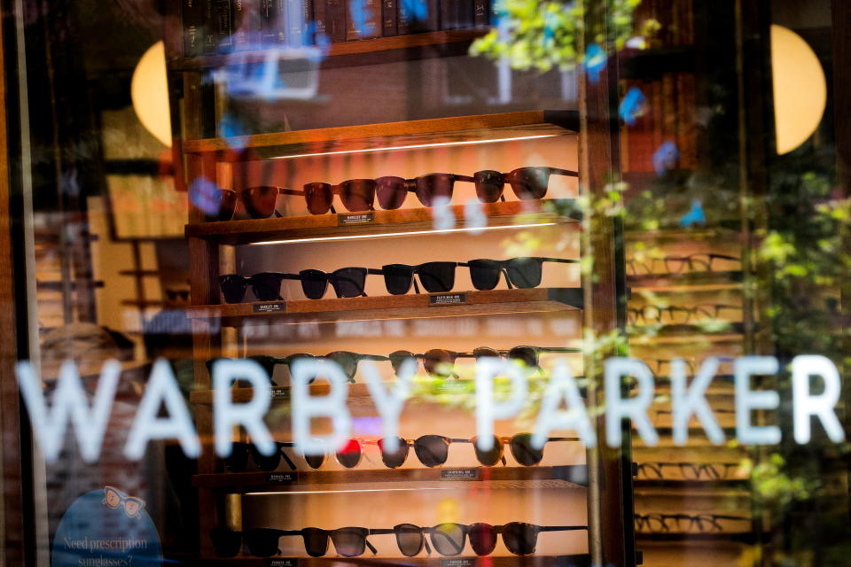 Glasses are seen inside of a Warby Parker store in Brooklyn, New York, U.S., June 24, 2021.  REUTERS/Brendan McDermid