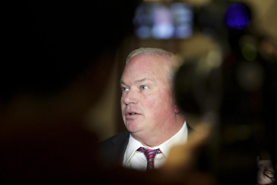 FILE - In this Nov. 8, 2018 file photo, Republican Senate Majority Leader Scott Fitzgerald speaks during a news conference at the State Capitol in Madison, Wis. Wisconsin's new legislative session will begin with anger still fresh among Democrats over the Republican lame-duck session that weakened the powers of incoming Gov. Tony Evers. (Steve Apps/Wisconsin State Journal via AP)